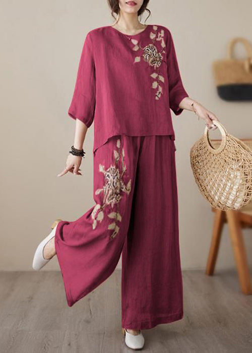Loose Embroidered Two Wine Linen Set Elastic Waist Red Piece FashionChic