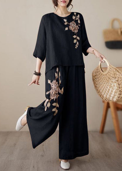 Loose Embroidered Two Wine Linen Set Elastic Waist Red Piece FashionChic