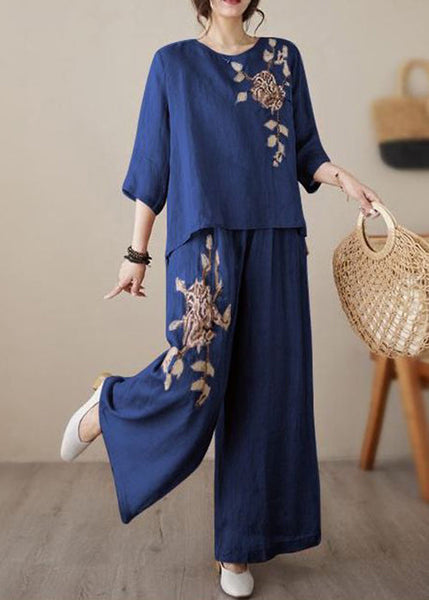 Loose Embroidered Two Wine Linen Set Elastic Waist Red Piece FashionChic