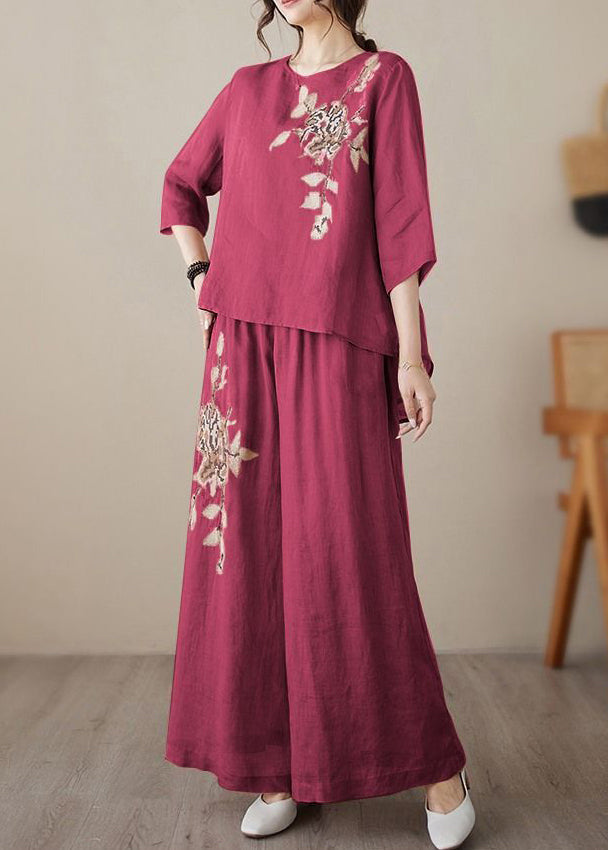 Loose Embroidered Two Wine Linen Set Elastic Waist Red Piece FashionChic