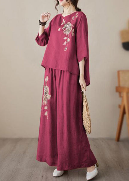 Loose Embroidered Two Wine Linen Set Elastic Waist Red Piece FashionChic