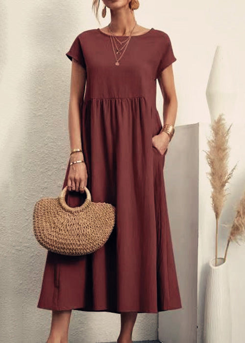 Loose Wine Red O Neck Pockets Solid Cotton Long Dresses Summer QE030 MZF-SDL240927