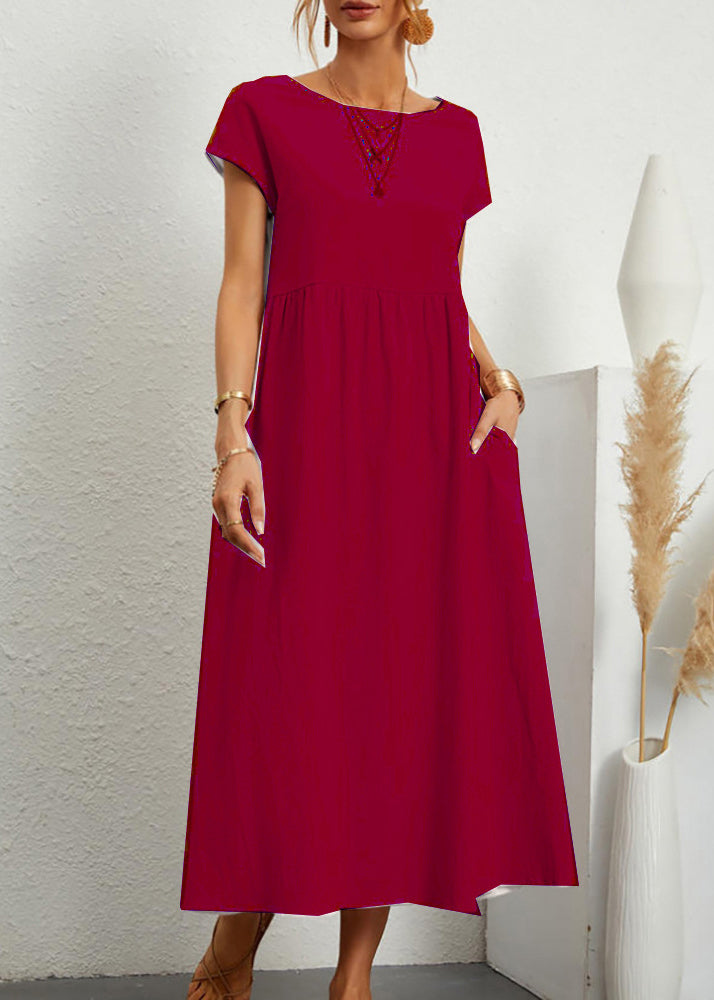 Loose Wine Red O Neck Pockets Solid Cotton Long Dresses Summer QE030 MZF-SDL240927