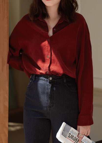 Loose Wine Red Peter Pan Collar Button Corduroy Top Long Sleeve TU024