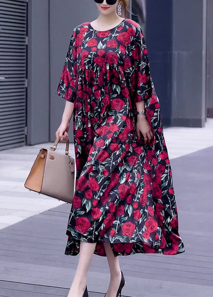 Loose Wine Red Print O Neck Silk Long Dresses Half Sleeve OP1018 Ada Fashion