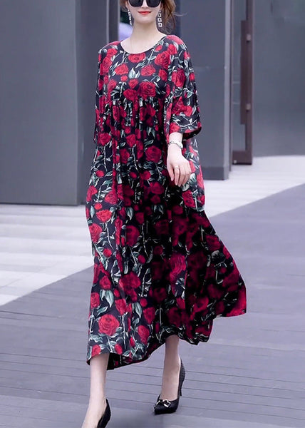Loose Wine Red Print O Neck Silk Long Dresses Half Sleeve OP1018 Ada Fashion