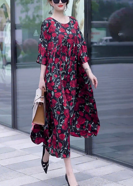 Loose Wine Red Print O Neck Silk Long Dresses Half Sleeve OP1018 Ada Fashion