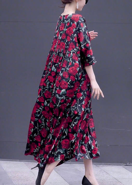 Loose Wine Red Print O Neck Silk Long Dresses Half Sleeve OP1018 Ada Fashion