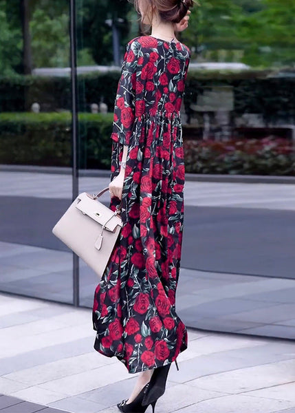 Loose Wine Red Print O Neck Silk Long Dresses Half Sleeve OP1018 Ada Fashion