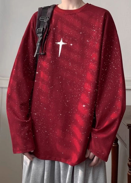 Wine Spring Shirts Loose Design Men Red Sequins T Cotton Original FashionChic