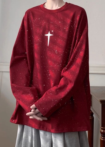 Wine Spring Shirts Loose Design Men Red Sequins T Cotton Original FashionChic