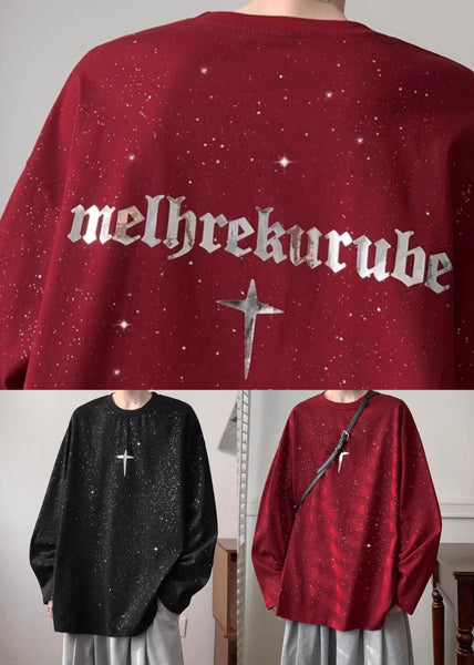 Wine Spring Shirts Loose Design Men Red Sequins T Cotton Original FashionChic