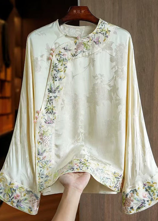 Loose Yellow Embroidered Oriental Button Silk Blouses Spring YF014 ABC