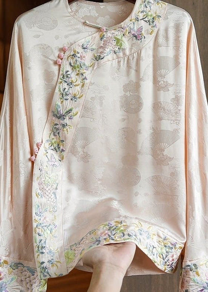 Loose Yellow Embroidered Oriental Button Silk Blouses Spring YF014 ABC