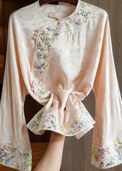 Loose Yellow Embroidered Oriental Button Silk Blouses Spring YF014 ABC