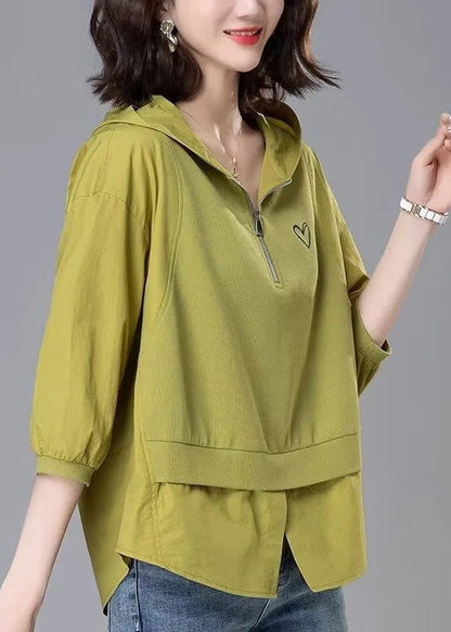 Patchwork Zippered Loose Yellow Tops Hooded Summer Cotton FashionChic