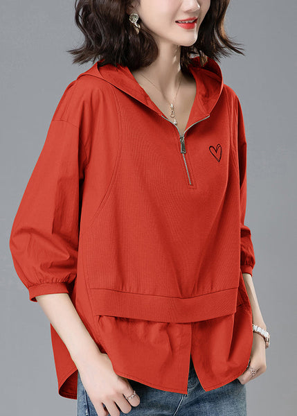 Patchwork Zippered Loose Yellow Tops Hooded Summer Cotton FashionChic