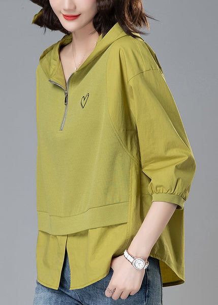 Patchwork Zippered Loose Yellow Tops Hooded Summer Cotton FashionChic