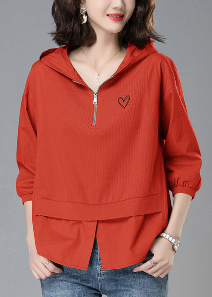 Patchwork Zippered Loose Yellow Tops Hooded Summer Cotton FashionChic