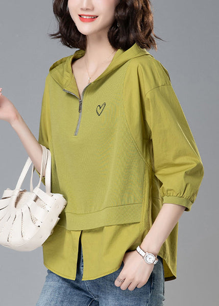 Patchwork Zippered Loose Yellow Tops Hooded Summer Cotton FashionChic
