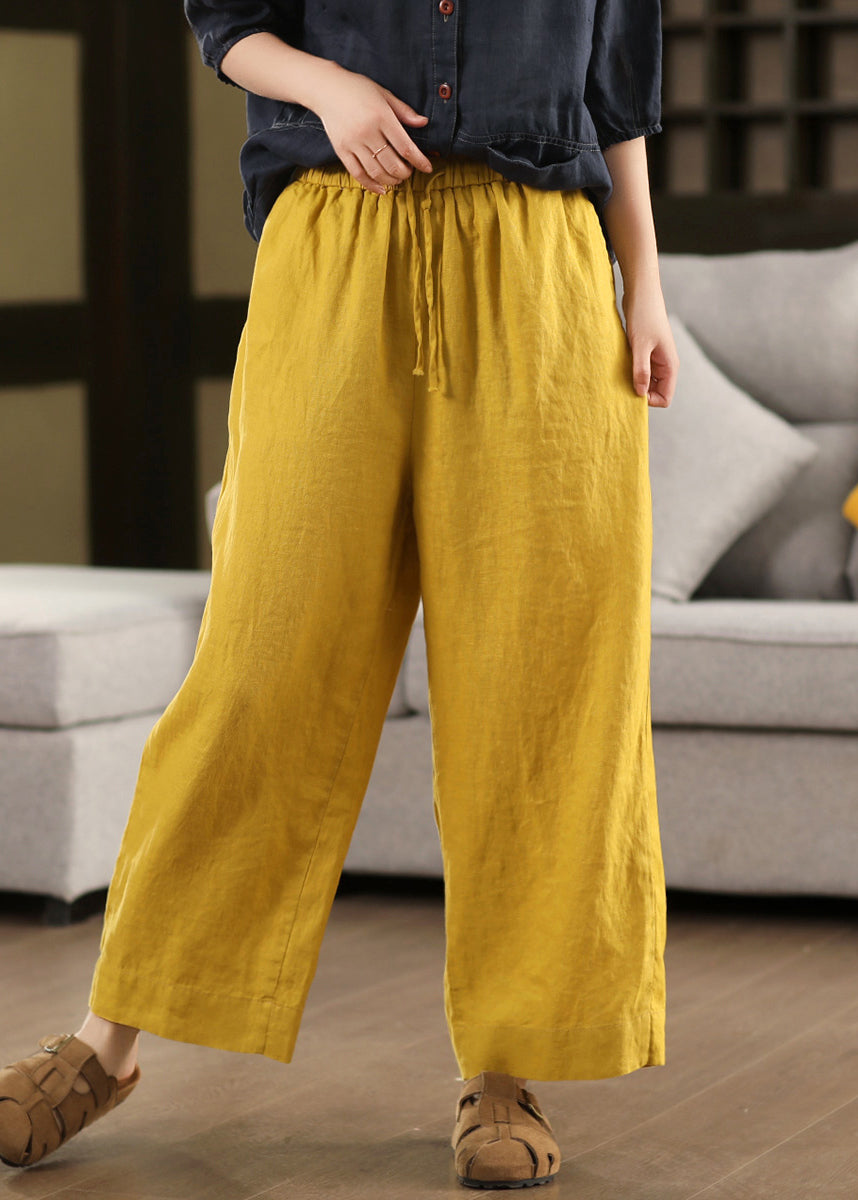 Loose Waist Elastic Pants Summer Crop Up Linen Yellow Lace FashionChic