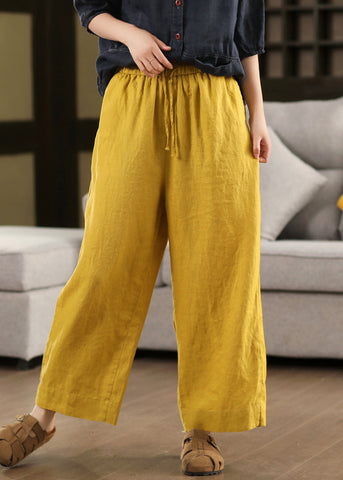 Loose Waist Elastic Pants Summer Crop Up Linen Yellow Lace FashionChic