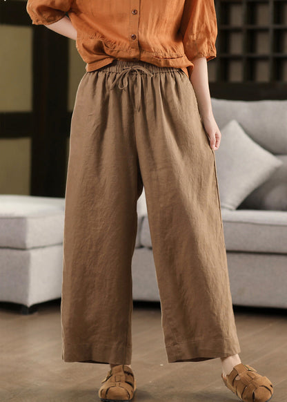 Loose Waist Elastic Pants Summer Crop Up Linen Yellow Lace FashionChic