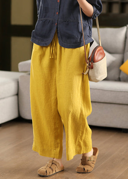 Loose Waist Elastic Pants Summer Crop Up Linen Yellow Lace FashionChic