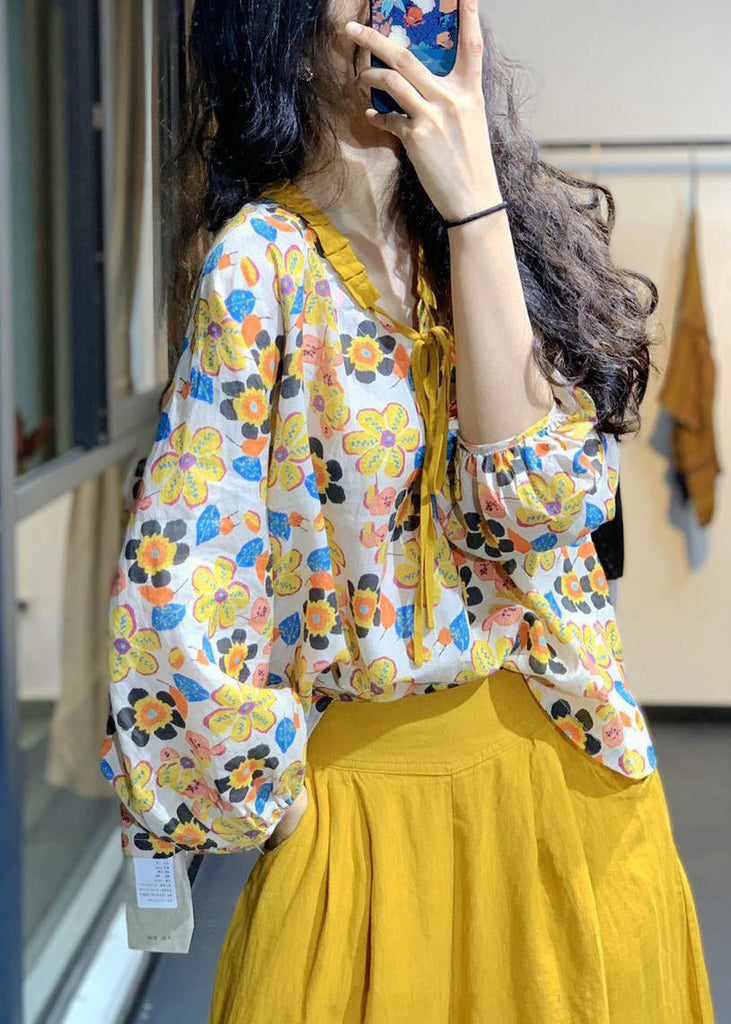 Loose Yellow Lace Up Print Cotton Top Long Sleeve GH1022 Ada Fashion