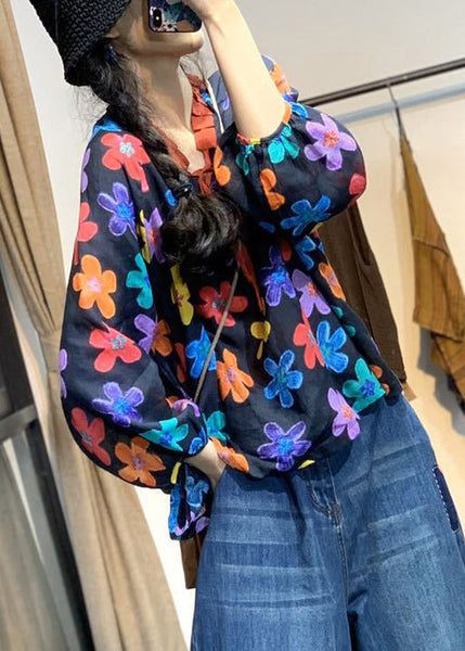 Loose Yellow Lace Up Print Cotton Top Long Sleeve GH1022 Ada Fashion