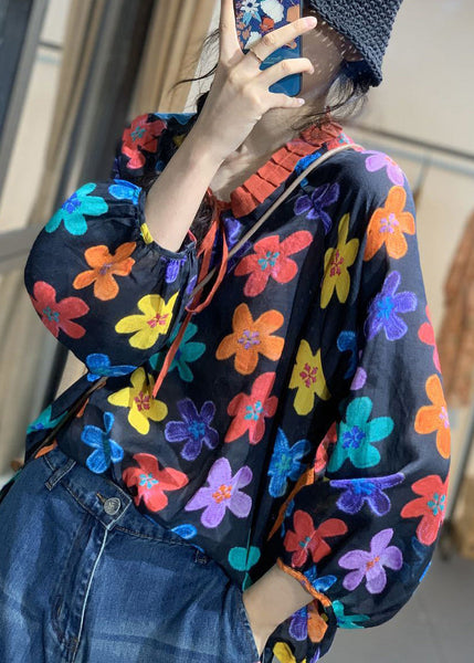 Loose Yellow Lace Up Print Cotton Top Long Sleeve GH1022 Ada Fashion