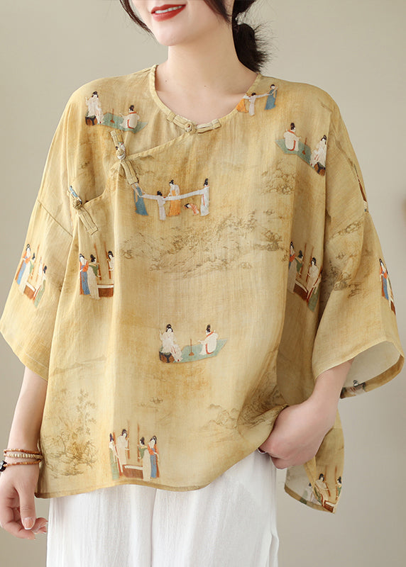 Loose Yellow O Neck Button Print Linen Shirts Batwing Sleeve JH014 MMDM-HTP240717