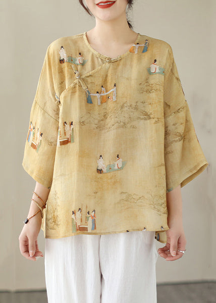 Loose Yellow O Neck Button Print Linen Shirts Batwing Sleeve JH014 MMDM-HTP240717