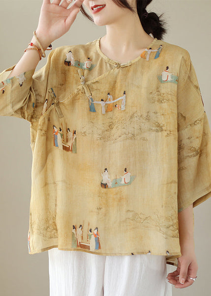 Loose Yellow O Neck Button Print Linen Shirts Batwing Sleeve JH014 MMDM-HTP240717