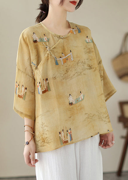 Loose Yellow O Neck Button Print Linen Shirts Batwing Sleeve JH014 MMDM-HTP240717