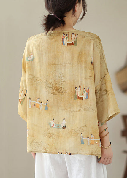 Loose Yellow O Neck Button Print Linen Shirts Batwing Sleeve JH014 MMDM-HTP240717