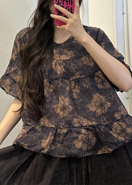 Loose Yellow O-Neck Print Patchwork Linen Blouse Summer VV091 HS-STP240627