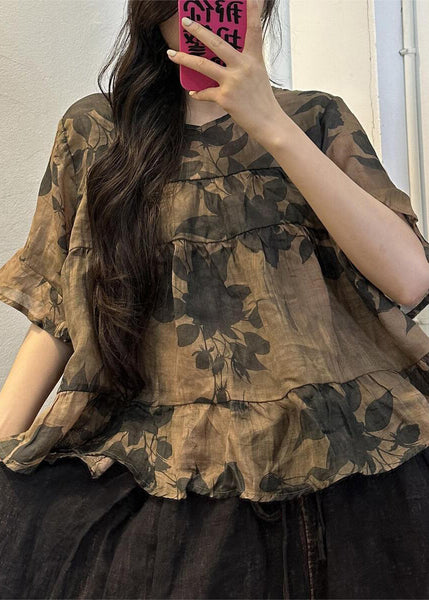 Loose Yellow O-Neck Print Patchwork Linen Blouse Summer VV091 HS-STP240627