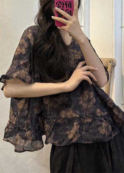 Loose Yellow O-Neck Print Patchwork Linen Blouse Summer VV091 HS-STP240627