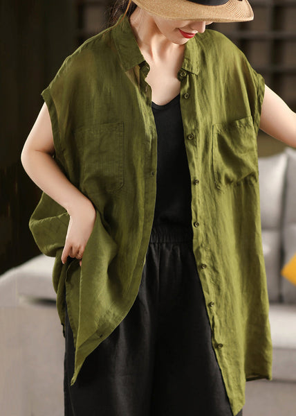 Button Pan Collar Peter Summer Pockets Loose Shirt Yellow Cotton FashionChic