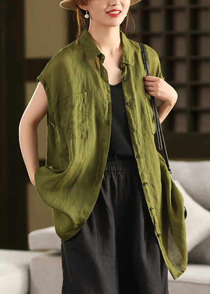 Button Pan Collar Peter Summer Pockets Loose Shirt Yellow Cotton FashionChic