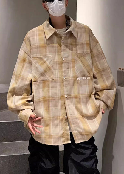 Plaid Shirt Pockets Men Peter Collar Loose Pan Yellow Cotton FashionChic