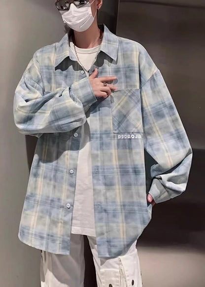 Plaid Shirt Pockets Men Peter Collar Loose Pan Yellow Cotton FashionChic