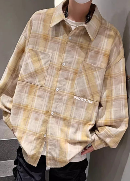 Plaid Shirt Pockets Men Peter Collar Loose Pan Yellow Cotton FashionChic