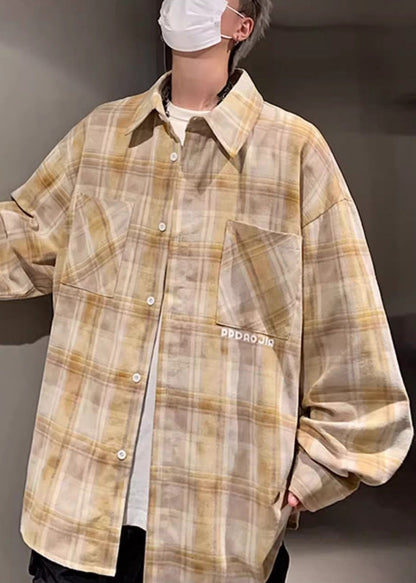 Plaid Shirt Pockets Men Peter Collar Loose Pan Yellow Cotton FashionChic