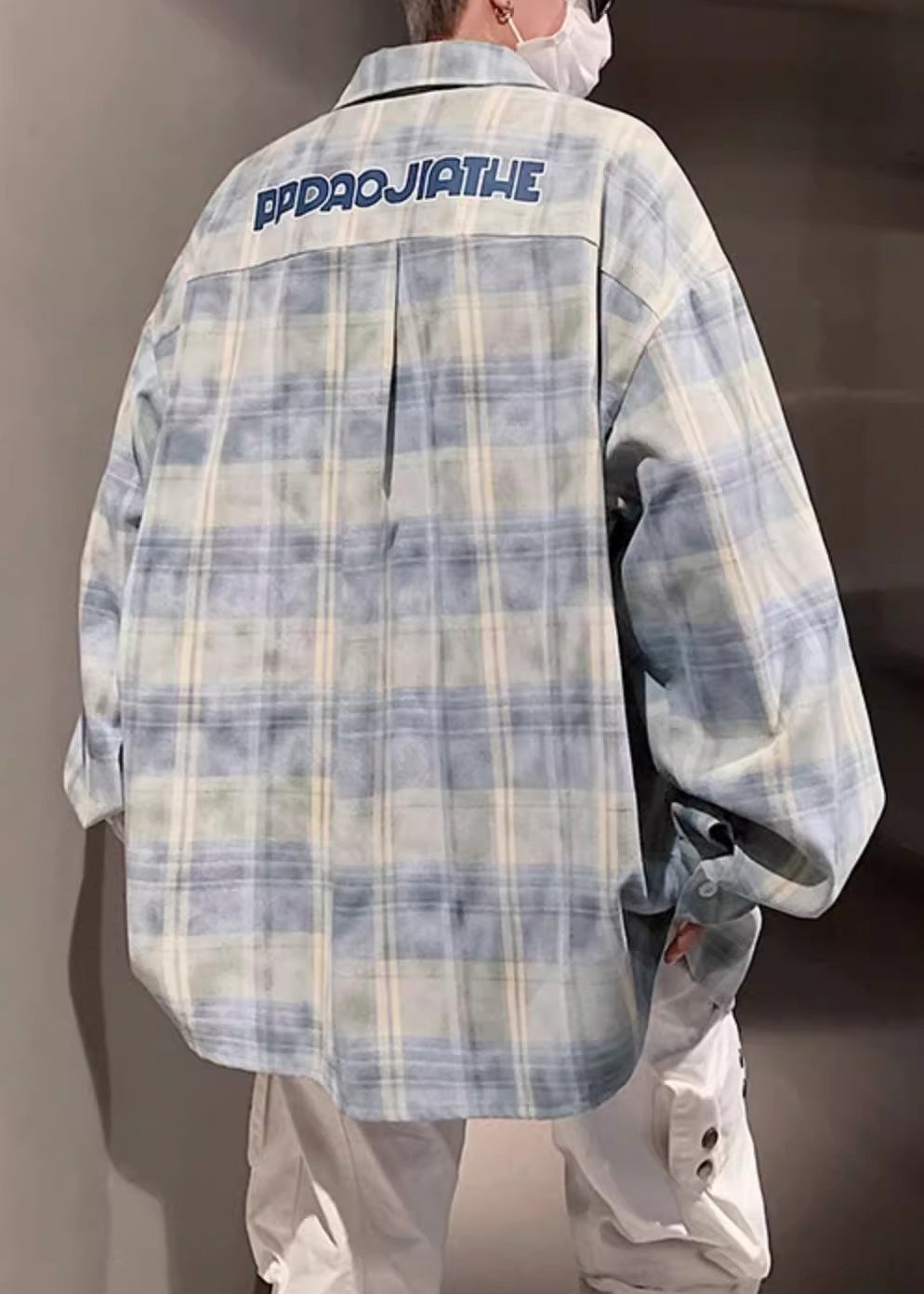 Plaid Shirt Pockets Men Peter Collar Loose Pan Yellow Cotton FashionChic