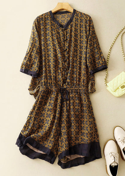 Loose Yellow Print Drawstring Linen Jumpsuits Summer AM1050 Genistyle Shop