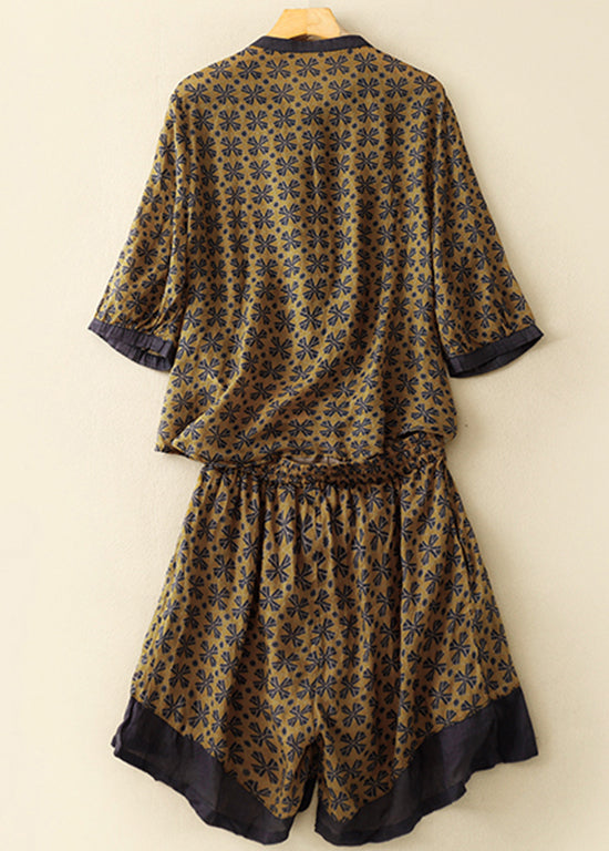 Loose Yellow Print Drawstring Linen Jumpsuits Summer AM1050 Genistyle Shop