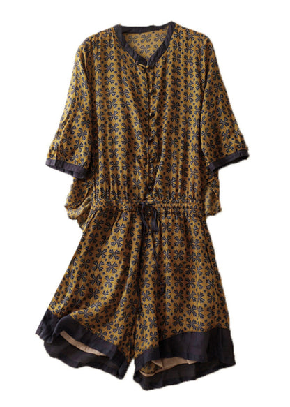 Loose Yellow Print Drawstring Linen Jumpsuits Summer AM1050 Genistyle Shop