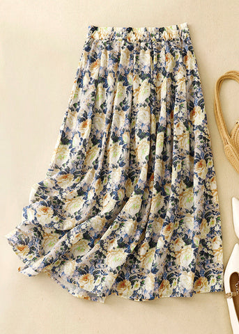 Loose Yellow Print Elastic Waist Cotton Skirt Summer GG012 MZF-SKTS240610
